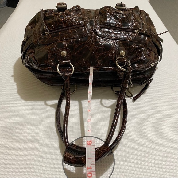Chenson Brown Leather Patent Faux Croc Pattern Double Zipper Handbag - Picture 14 of 16